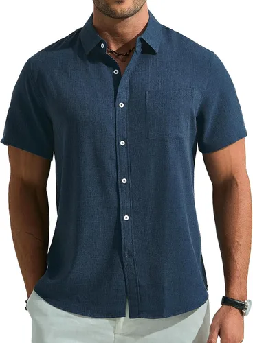 Vista 9 de Camisa de manga corta con botones para hombre, casual, transpirable, para verano, playa, con bolsillo