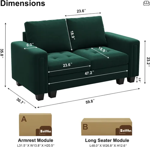 Vista 2 de Belffin Sofá de dos plazas modular de terciopelo sofá de 2 plazas asientos de amor para espacio pequeño verde