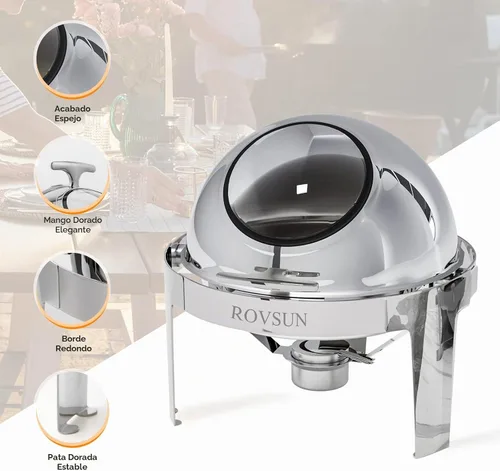 Vista 6 de ROVSUN Juego de Chafing Dish de Buffet con Tapa Enrollable, 6 QT Chafer Redondo de Acero Inoxidable para Catering, Servidores de Buffet y Plateado