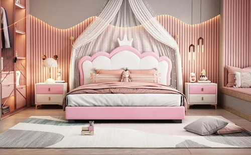 Vista 4 de Harper & Bright Designs Base de cama de princesa tapizada de tamaño matrimonial con cabecero de corona para niños, niñas, niños pequeños, cama