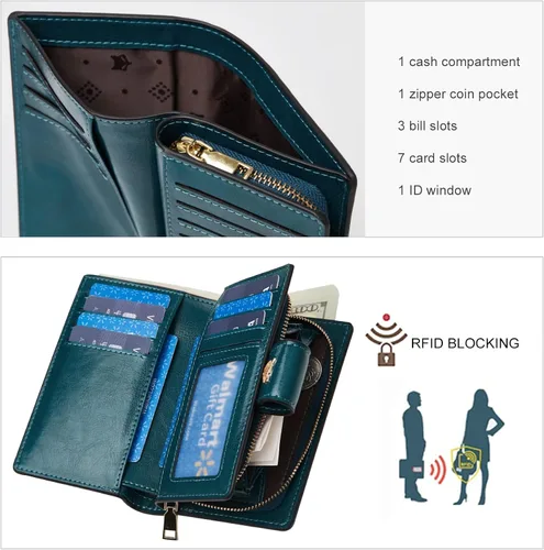 Vista 4 de FOXLOVER Carteras plegables para mujer, bloqueo RFID, embalaje de regalo, monederos de mano con cremallera, Azul-A, Moda