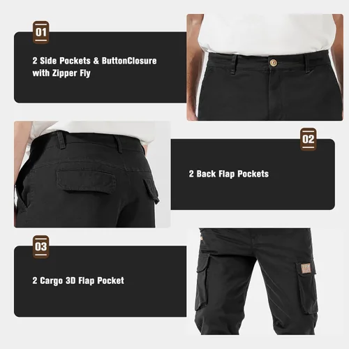 Vista 5 de HHZ Pantalones cargo ajustados para hombre, pantalones elásticos flexibles para trabajo, senderismo, con bolsillos, pantalones de trabajo tipo cargo