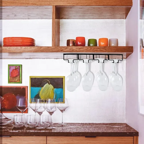 Vista 8 de Estante para copas de vino, paquete de 2 soportes para copas de vino, 4 filas de metal negro, colgador de almacenamiento para copas de vino debajo