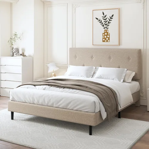 Vista 5 de Marco de cama de lino tamaño matrimonial con cabecero ajustable Beige