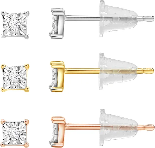 Vista 3 de La4ve Diamonds Paquete de 3 aretes cuadrados de plata de ley (J, I-3) Joyería de moda para niños, niñas adolescentes Caja de regalo incluida