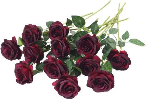 Vista 14 de Laelfe 12 PCS Flores Artificiales Rosas Negras, Flores de Seda Falsas de Tallo Largo Rosa Artificial para Decoraciones de Halloween Hogar Boda Negro