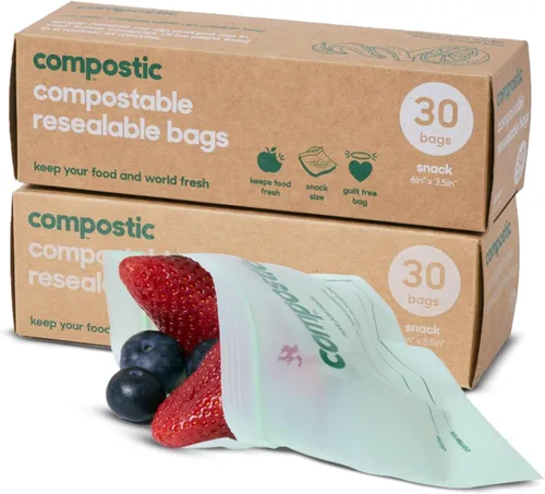 Vista 14 de Compostic Bolsas compostables de galón (60 unidades) Paquete de iniciación – Sellado con cremallera resellable, a base de plantas, compostables