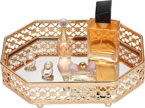 Vista 10 de Hipiwe Mirror Glass Vanity Tray - Gold Ornate Makeup Organizer Perfume Tray