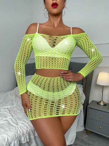 Vista 4 de Kimfeng Conjunto de lencería sexy con diamantes de imitación brillantes para mujer, conjunto de mini brasier con micro brasier transparente y parte
