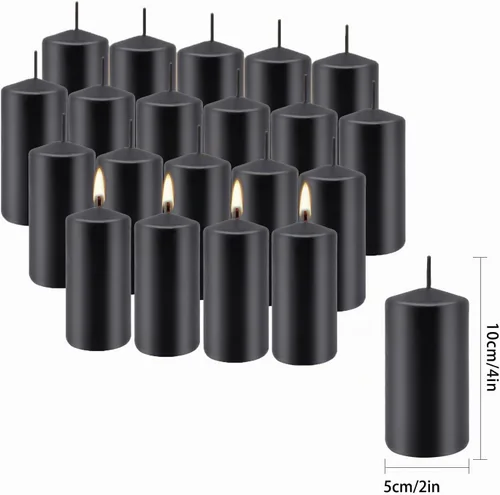 Vista 3 de Juego de 20 velas de pilar negras de 2 pulgadas de ancho x 4 pulgadas de alto, decoración elegante para el hogar, eventos y celebraciones, acabado