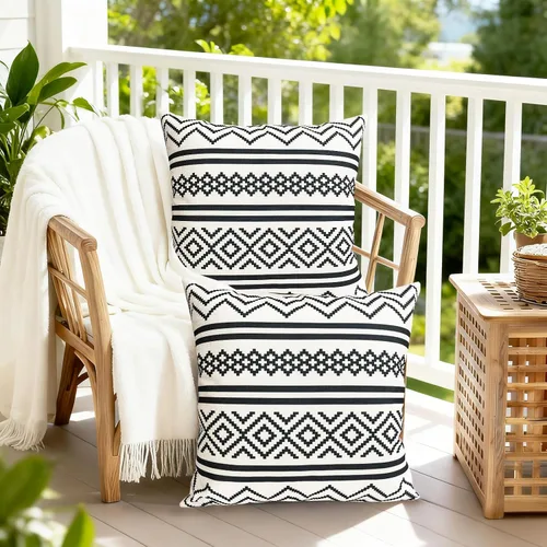 Vista 5 de Juego de 2 fundas de almohada decorativas negras boho 16x16 pulgadas, fundas de almohada de lino modernas estilo bohemia campestre para exteriores