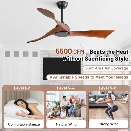Vista 3 de CACI Mall Ventiladores de techo de madera de 52 pulgadas sin luces, sólido, ventilador de techo de 3 aspas para interiores y exteriores, sin luz
