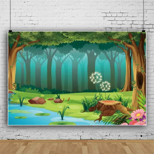 Vista 2 de Leyiyi Fondo de fotografía de bosque encantado de 5 x 3 pies, diseño de cuento de hadas, bosque, primavera, flores, río, caricatura, telón de fondo
