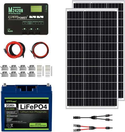 Vista 10 de ExpertPower Kit de energía solar de 100 W y 12 V Batería de litio LiFePO4 de 12 V y 20 Ah Panel solar monorígido de 100 W, controlador de carga