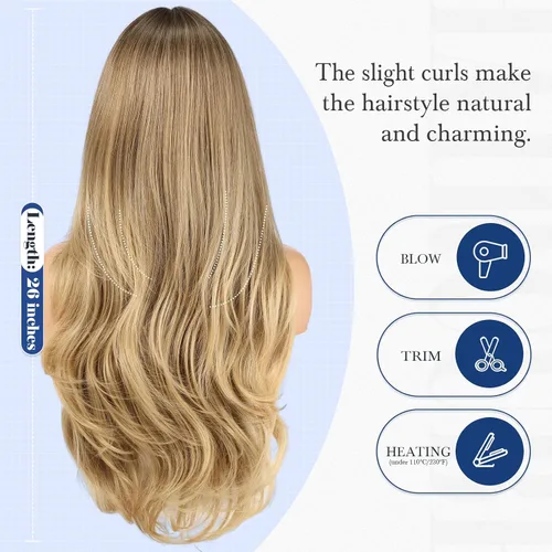 Vista 5 de HAIRCUBE Peluca larga rubia mezclada con marrón con flequillo, pelucas rizadas en capas para mujeres, pelucas sintéticas naturales para uso diario