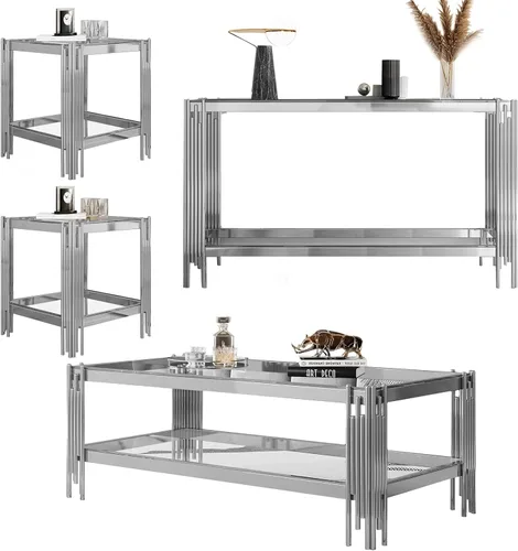 Vista 24 de Mesa auxiliar rectangular de vidrio de 48 pulgadas, mesa de centro de 2 niveles con parte superior de vidrio templado negro, patas de acero
