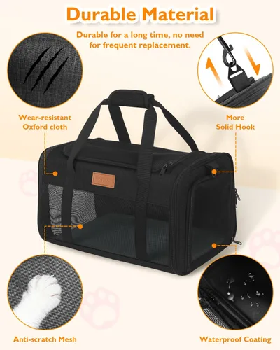 Vista 6 de PETUX - Transportador de mascotas aprobado por aerolíneas para gatos pequeños de hasta 12 libras, color negro 17x11x9.5 in, Underseat, Top & Side