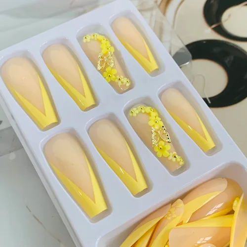 Vista 5 de Uñas postizas largas a presión, punta francesa de bailarina, 24 uñas postizas reutilizables de cobertura completa con pestañas adhesivas, uñas