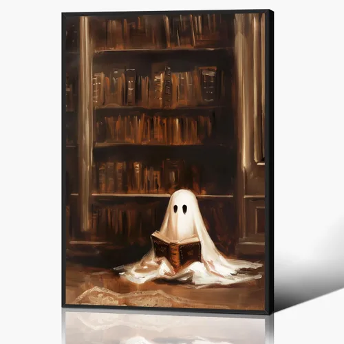 Vista 14 de Póster de fantasma y gato negro en la bañera, arte de pared en lienzo de Halloween de Whimsigoth, pintura de fantasmas y flores, imagen espeluznante