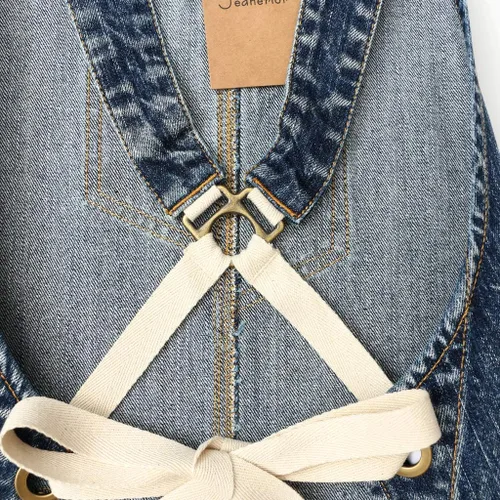 Vista 6 de Jeanerlor - Delantal de mezclilla con 4 bolsillos para mujeres y hombres - Estilo lavado correas cruzadas en la espalda y ajustable S a XXXL, Azul