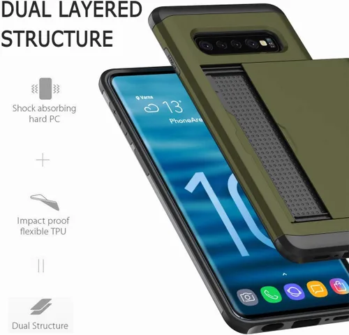 Vista 4 de Funda para Galaxy S10 Plus, ultrafina, a prueba de golpes, parte trasera dura, de silicona de doble capa, protector para tarjetas de crédito, ranura