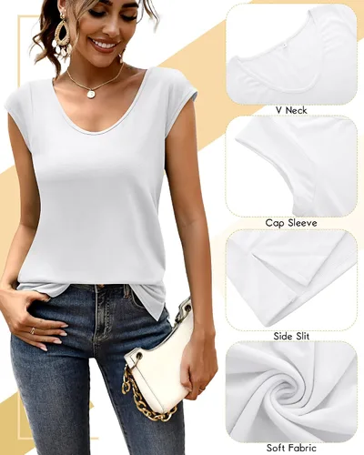 Vista 5 de Ficerd Paquete de 2 camisetas de manga casquillo para mujer, ajuste holgado, casual, cuello en V, básicas, elegantes, camisetas sin mangas