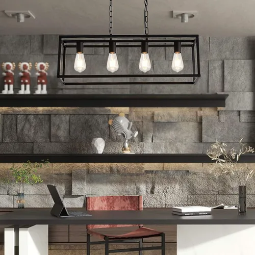 Vista 4 de Candelabros modernos, rectangular, color negro, 4 luces, accesorios de iluminación colgantes, jaula de isla de cocina, colgante lineal, lámpara
