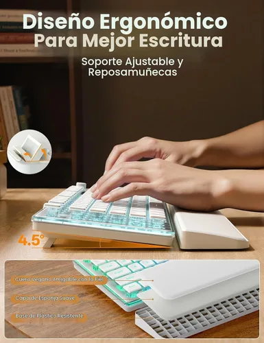 Vista 3 de Combo de teclado y mouse inalámbricos, 9 efectos retroiluminados, reposamuñecas, teclas de doble disparo, panel de metal, recargable de larga Blanco