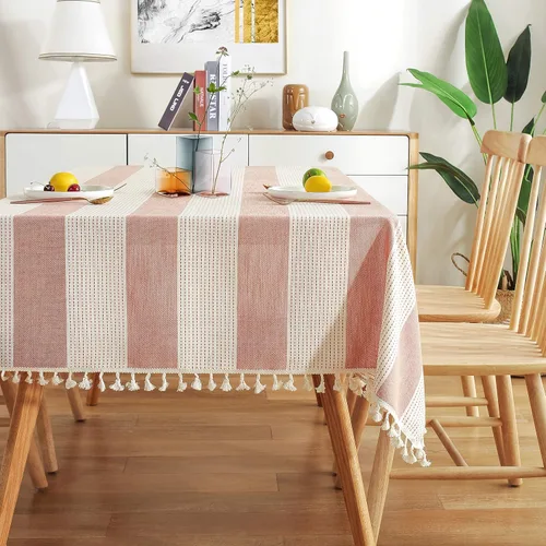 Vista 10 de Mantel rectangular de lino y algodón con borlas y costuras a rayas, a prueba de polvo, para cocina y comedor, 54 x 54 pulgadas, color beige