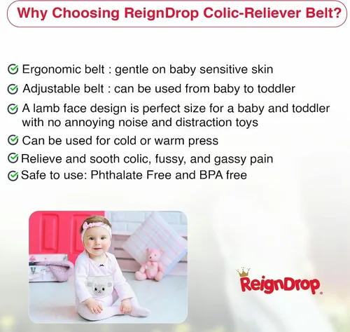 Vista 5 de ReignDrop Alivio de cólicos para recién nacidos – Set de alivio de gases con banda para el vientre, paquete de gel, bolsa de almacenamiento