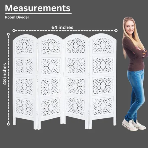 Vista 8 de Panel de pantalla de madera para divisor de habitación, blanco, plegable de 4 paneles de 64 x 48 pulgadas, tallado a mano, separador de privacidad