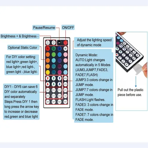 Vista 5 de Control remoto de tira de luces LED RGB de 44 teclas, reemplazo de control remoto IR para tira de luces LED SMD 5050 3528 2835 RGB (1 paquete)