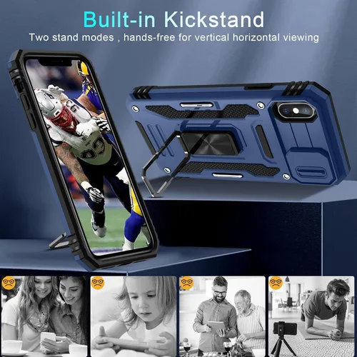 Vista 153 de DEERLAMN Funda para iPhone Xs Max con funda deslizante para cámara + protector de pantalla, soporte giratorio de anillo de grado militar a prueba