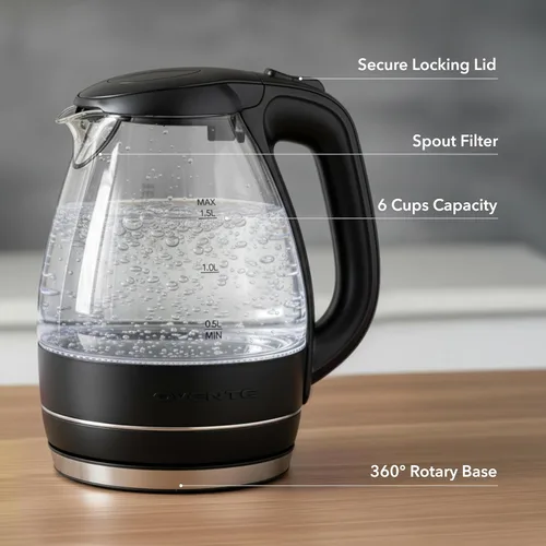 Vista 5 de OVENTE Electric Kettle, 1.5L Borosilicate Glass Countertop Water Heater and Boiler for Coffee or Tea, BPA-Free, Auto Shut-Off, Boil-Dry Protection