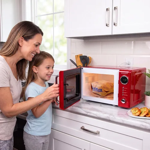 Vista 6 de Nostalgia Horno microondas retro compacto para encimera, 0.7 pies cúbicos, 700 vatios con pantalla digital LED, bloqueo para niños, interior fácil