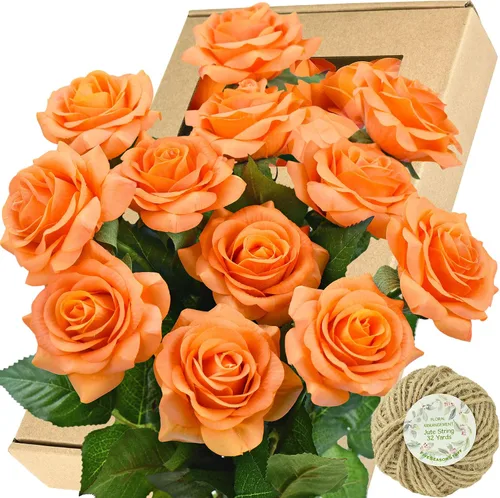 Vista 7 de FiveSeasonStuff 12 tallos de flores artificiales azul hielo, rosas de seda de tacto real para decoración de boda, en caja de regalo Azul helado