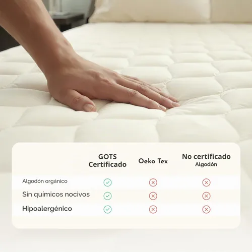 Vista 5 de Protector de colchón orgánico 100% algodón Protector de colchón orgánico GOTS transpirable y silencioso con durabilidad premium de 300 GSM Marfil