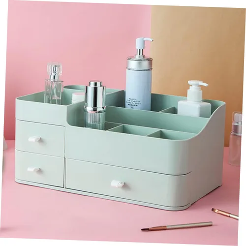 Vista 3 de Housoutil 1pc Household Makeup Organizer with Drawer Green Plastic Cosmetic Storage Box for Lipstick Skincare and Brushes Desktop Organizer for