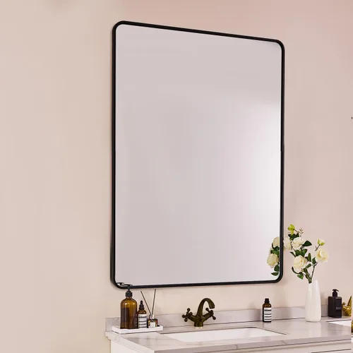Vista 31 de Espejo de latón para baño, espejo rectangular redondeado de 22x30 pulgadas con marco de metal cepillado dorado, espejo de tocador de baño sin