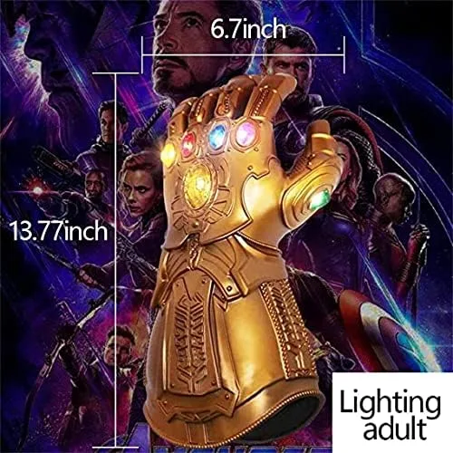 Vista 7 de Guante infinito de PVC iluminable para adultos guantes de guantelete de Iron Man Infinity Thanos dorados piedra infinita LED iluminada joya