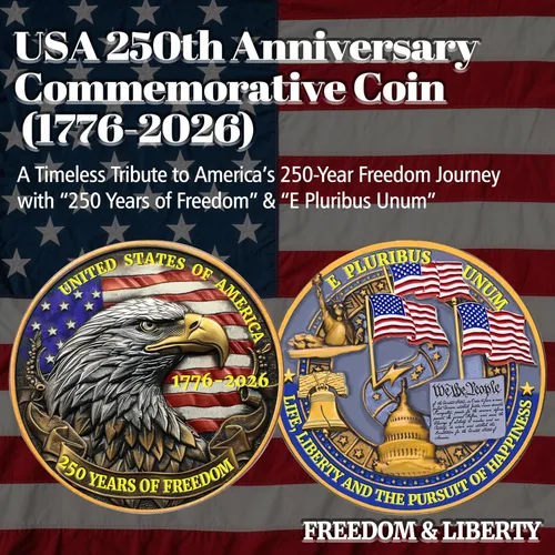 Vista 2 de Medalla Conmemorativa del 250 Aniversario de EE. UU. - Mercancía de América 250 con Águila Americana y Bandera de EE. UU. 250 Años de Libertad