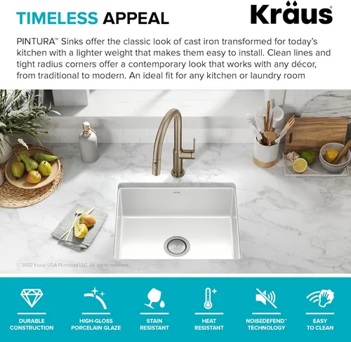 Vista 3 de Kraus Pintura Fregadero de cocina de acero con esmalte porcelánico de 21 pulgadas, montura por debajo, cuenco simple, en blanco, KE1US21GWH
