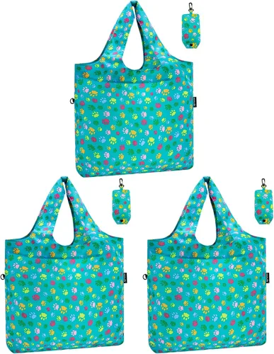 Vista 15 de HOLYLUCK Bolsas de comestibles reutilizables, bolsa de compras plegable resistente (estándar, 3 huellas de patas de perro azules)