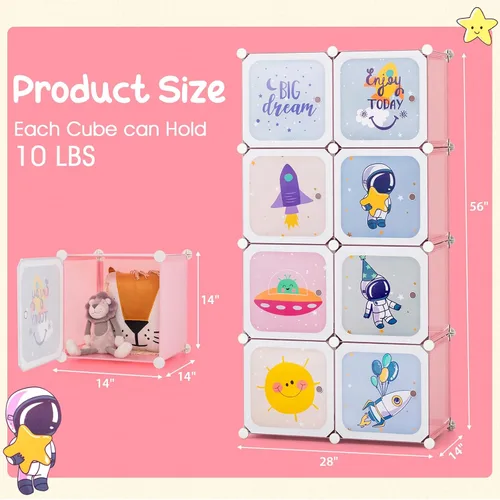 Vista 3 de INFANS Armario para niños, armario portátil para bebé, lindo para dormitorio de niños, armario de guardería con puertas, 12 cubos, 2 secciones