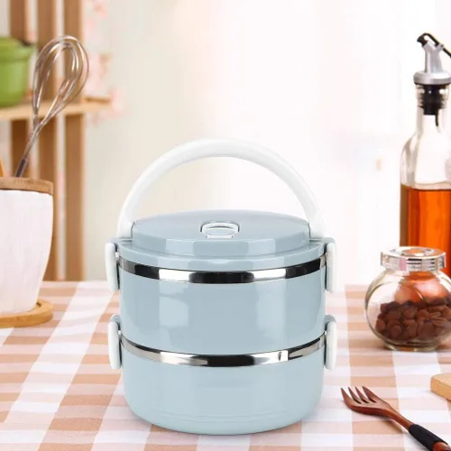 Vista 4 de Caja de almuerzo portátil de acero inoxidable azul con aislamiento térmico para fideos de arroz, contenedor de alimentos, calentador de alimentos