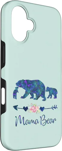 Vista 3 de Teal Blue Purple Floral Mama Bear and Two Cubs Green Mint Case for iPhone 16
