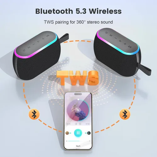 Vista 4 de Altavoz Bluetooth, inalámbrico portátil de 40 W con graves estéreo, Bluetooth 5.3, altavoces de ducha impermeables IPX6, luces LED, emparejamiento