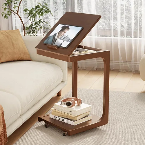 Vista 15 de AQIMUELE Mesa auxiliar de madera en forma de C, escritorio de sofá con 2 ruedas con cerradura, mesa de sofá de 4 niveles con bolsa de Natural