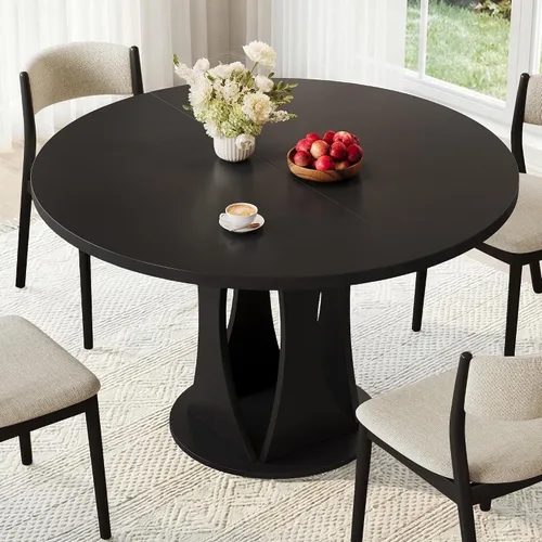 Vista 12 de iPormis Mesa de comedor extensible de 43 a 59 pulgadas, mesa de cocina redonda con pedestal de arcos modernos, mesa de comedor ovalada con hojas