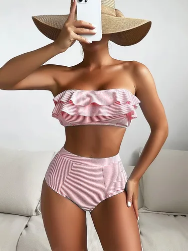 Vista 5 de Floerns Conjunto de bikini de 2 piezas con estampado de rayas de cintura alta y ribete con volantes para mujer